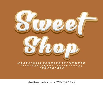 Señal artística vectorial Sweet Shop. Sabrosa fuente de galletas. Grupo de letras y números de alfabeto acristalado de azúcar