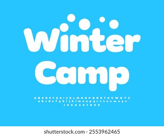 Vector artistic sign Winter Camp. Classic White Font. Snowy style Alphabet Letters and Numbers set.