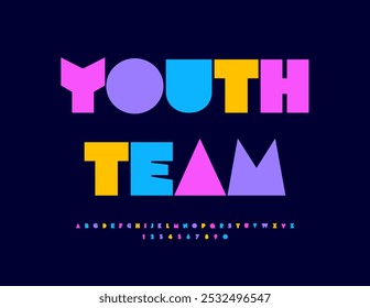 Vector artistic sign Youth Team. Unique Colorful Font. Trendy Bright Alphabet Letters and Numbers set.