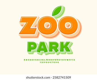 Vector artistic sign Zoo Park. Glossy Green Font. Bright Isometric Alphabet Letters and Numbers set.