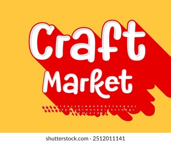 Vector artistic signboard Craft Market. Bright Funny 3D Font. Creative Alphabet Letters and Numbers set.