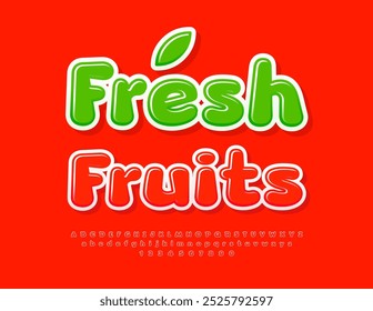 Placa artística vetorial Fresh Fruits. Fonte Brilhante Vermelha. Conjunto de letras e números do alfabeto moderno.