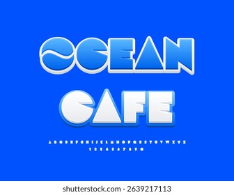Vector Artistic signboard Ocean Cafe with Decorative Element. Big Geometric White and Blue Font. Creative  Alphabet Letters and Numbers set.