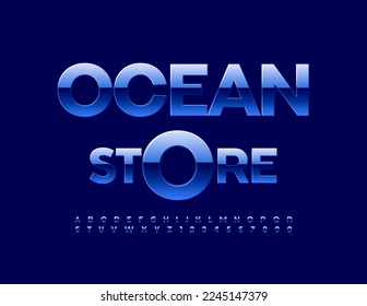 Cartel artístico vectorial Ocean Store. Fuente creativa moderna. Letras y números de alfabeto azul brillante