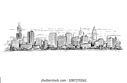 Vector artistic sketchy pen and ink drawing illustration of generic city high rise cityscape landscape with skyscraper buildings.