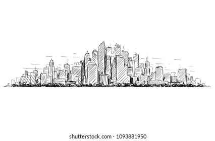 Vector artistic sketchy pen and ink drawing illustration or sketch of generic city high rise cityscape landscape with skyscraper buildings.