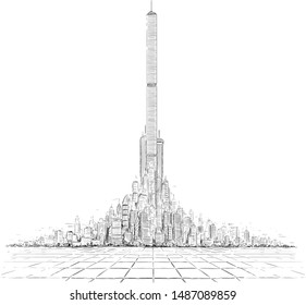 Vector artistic sketchy pen and ink drawing illustration of generic city high rise cityscape landscape with high skyscraper buildings in center. View from empty brick floor.