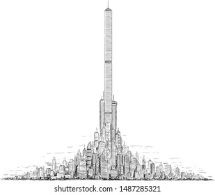 Vector artistic sketchy pen and ink drawing illustration of generic city high rise cityscape landscape with high skyscraper buildings in center.