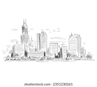 Vector artistic sketchy pen and ink drawing illustration of landscape buildings.