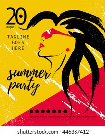 Vector artistic summer party poster, banner, placard, invitation, flayer. Hand drawn stylish young lady in sunglasses portrait with long hair. Fashion girl, model. Beauty illustration.