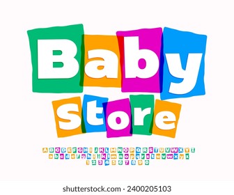 Plantilla artística vectorial Baby Store. Fuente de acuarela creativa. Juego de letras, números y símbolos luminosos de alfabeto