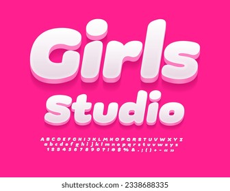 Vector artistic template Girls Studio. Cute White 3D Font. Creative Alphabet Letters and Numbers set