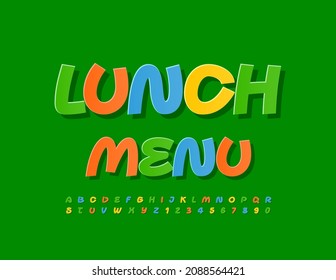 Vector artistic template Lunch Menu with colorful Handwritten Font. Creative Sticker style Alphabet Letters and Numbers set