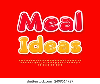 Vector de Plantilla artística Meal Ideas. Fuente de color amarillo brillante. Conjunto lindo de letras y números del alfabeto.