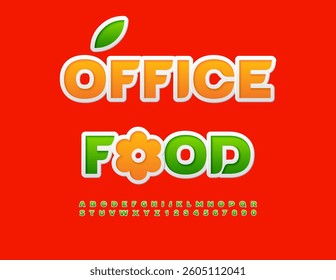 Vector Artistic template Office Food. Green Sticker style Font. Trendy Alphabet Letters and Numbers set
