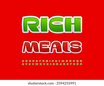 Vector Artistic template Rich Meals. Elegant Green Font. Stylish Bright Alphabet Letters and Numbers set.