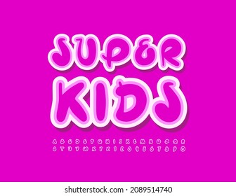 Vector artistic template Super Kids with sticker Alphabet Letters and Numbers set. Creative Pink Font
