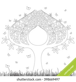 Vector artistic tree. Pattern for coloring page. Ink pen. Black and white background.