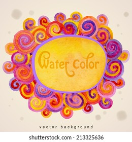 Vector artistic watercolor background with varicolored curls and place for text. Decoration design element. Square banner. Hand drawn design element.
