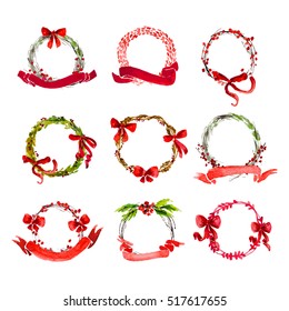 Vector artistic watercolor christmas and new year decoration floral round wreath isolated on white background collection. Hand drawn decoration laurel element set. Good for xmas design.