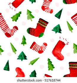 Vector artistic watercolor christmas and new year seamless pattern. Hand drawn decoration background. Good for xmas package design, packaging paper.