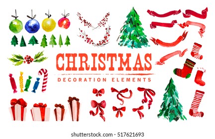 Vector artistic watercolor christmas and new year decoration elemetn collection isolated on white background. Hand drawn xmas decoration element set. Fir tree, ball, ribbon, gift box, sweet, sock icon