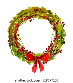 Vector artistic watercolor christmas and new year decoration floral round wreath isolated on white background. Hand drawn decoration laurel element. Good for xmas design.