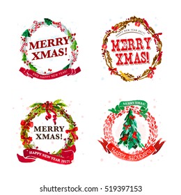 Vector artistic watercolor christmas and new year decoration floral round wreath isolated on white background collection. Hand drawn decoration laurel element set. Good for xmas design.
