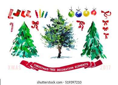 Vector artistic watercolor christmas and new year decoration element collection isolated on white background. Hand drawn xmas decoration element set. Fir tree, ball, ribbon, gift box, sweet, sock icon
