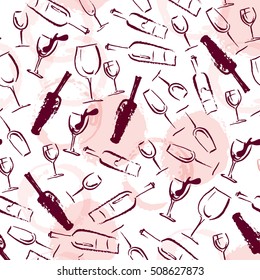 Vector artistic watercolor hand drawn seamless pattern with wine design elements isolated. Ink drawing. Wine package, packaging paper design.