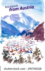 Vector artistic watercolor illustration of Austria sightseeings with text place, small winter tree snowfall mountain touristic town. Switzerland painting. Memory postcard design, graphic design, book.