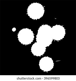 Vector artistic white paint hand made creative wet dirty ink or oil drop spots silhouette isolated on black background, metaphor to art, grunge or grungy, decoration, education abstract symbol design