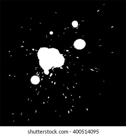 Vector artistic white paint hand made creative wet dirty ink or oil drop spots silhouette isolated on black background, metaphor to art, grunge or grungy, decoration, education abstract symbol design