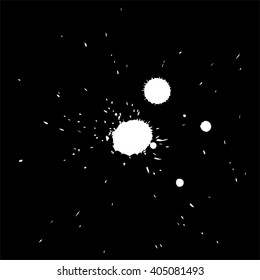 Vector artistic white paint hand made creative wet dirty ink or oil drop spots silhouette isolated on black background, metaphor to art, grunge or grungy, decoration, education abstract symbol design