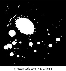Vector artistic white paint hand made creative wet dirty ink or oil drop spots silhouette isolated on black background, metaphor to art, grunge or grungy, decoration, education abstract symbol design