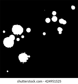 Vector artistic white paint hand made creative wet dirty ink or oil drop spots silhouette isolated on black background, metaphor to art, grunge or grungy, decoration, education abstract symbol design