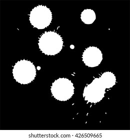 Vector artistic white paint hand made creative wet dirty ink or oil drop spots silhouette isolated on black background, metaphor to art, grunge or grungy, decoration, education abstract symbol design
