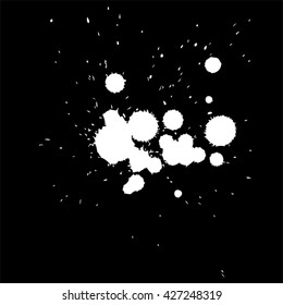 Vector artistic white paint hand made creative wet dirty ink or oil drop spots silhouette isolated on black background, metaphor to art, grunge or grungy, decoration, education abstract symbol design