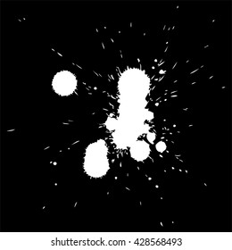 Vector artistic white paint hand made creative wet dirty ink or oil drop spots silhouette isolated on black background, metaphor to art, grunge or grungy, decoration, education abstract symbol design