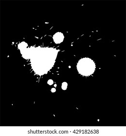 Vector artistic white paint hand made creative wet dirty ink or oil drop spots silhouette isolated on black background, metaphor to art, grunge or grungy, decoration, education abstract symbol design