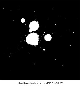 Vector artistic white paint hand made creative wet dirty ink or oil drop spots silhouette isolated on black background, metaphor to art, grunge or grungy, decoration, education abstract symbol design