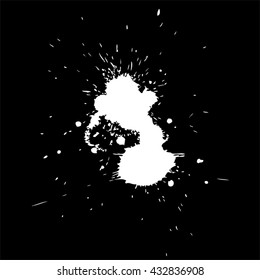 Vector artistic white paint hand made creative wet dirty ink or oil drop spots silhouette isolated on black background, metaphor to art, grunge or grungy, decoration, education abstract symbol design