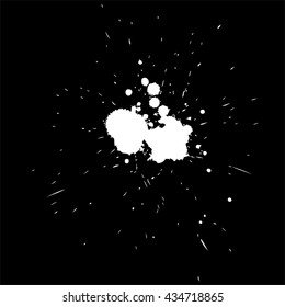 Vector artistic white paint hand made creative wet dirty ink or oil drop spots silhouette isolated on black background, metaphor to art, grunge or grungy, decoration, education abstract symbol design