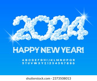 Vector artistic  wish card Happy New Year 2024!  Creative Uppercase Font. Cloud Alphabet Letters and Numbers.