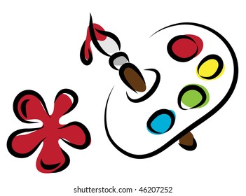 Vector artist's palette with brush dropping paint blot.