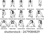 Vector artline various traditional karate stances, such as Heisoku-Dachi, Hachiji-Dachi, Musubi-Dachi, and many others.