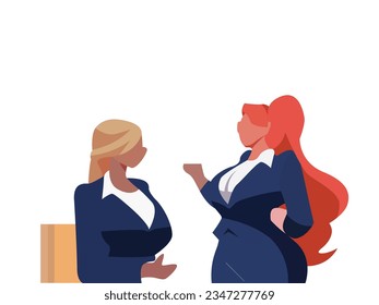 vector arts, flat illustration, two women in business attire are talking to each other isolated on white background
