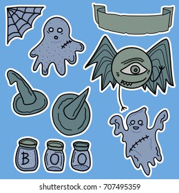 vector arts Halloween set stickers with traditional elements isolated on blue background  witches hat,lilac ghost,web,banner,eye monster,flasks with lettering boo.Smiling and funny cartoon characters.
