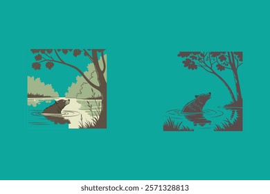 Vector artwork of a bear swimming peacefully in a serene lake