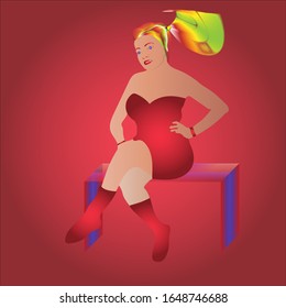 Obra vectorial de una bella dama vestida de rojo en una posición sentada contra un fondo rojo que se desvanece.